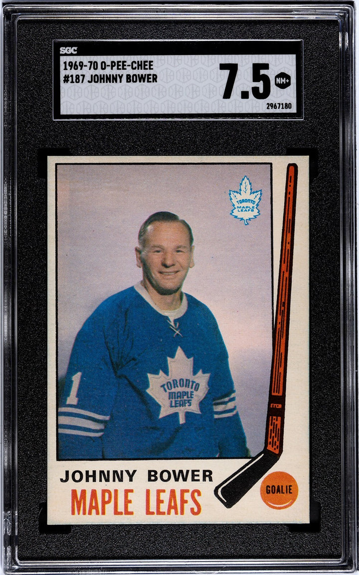 Johnny Bower 1969-70 O-Pee-Chee NHL Card #187- SGC Graded 7.5 NM+ (Maple Leafs)
