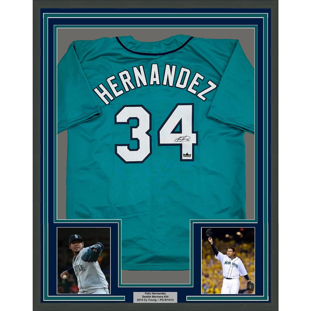 Framed Facsimile Autographed Felix Hernandez 35x39 Seattle Teal Reprint Jersey