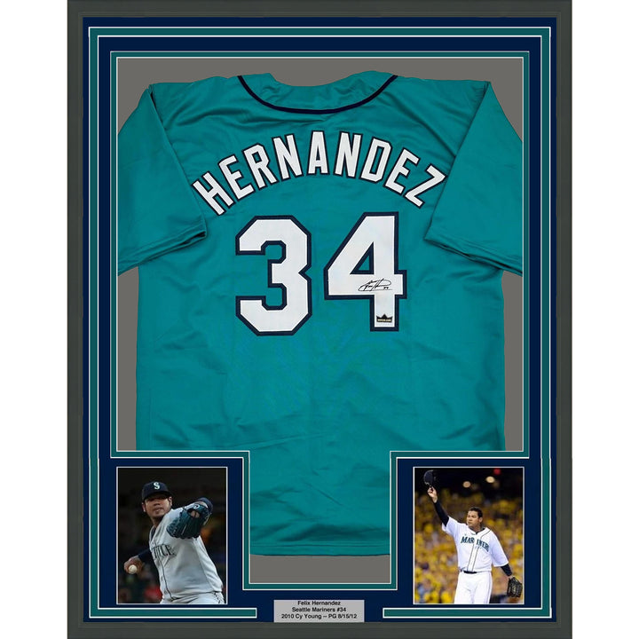 Framed Facsimile Autographed Felix Hernandez 35x39 Seattle Teal Reprint Jersey