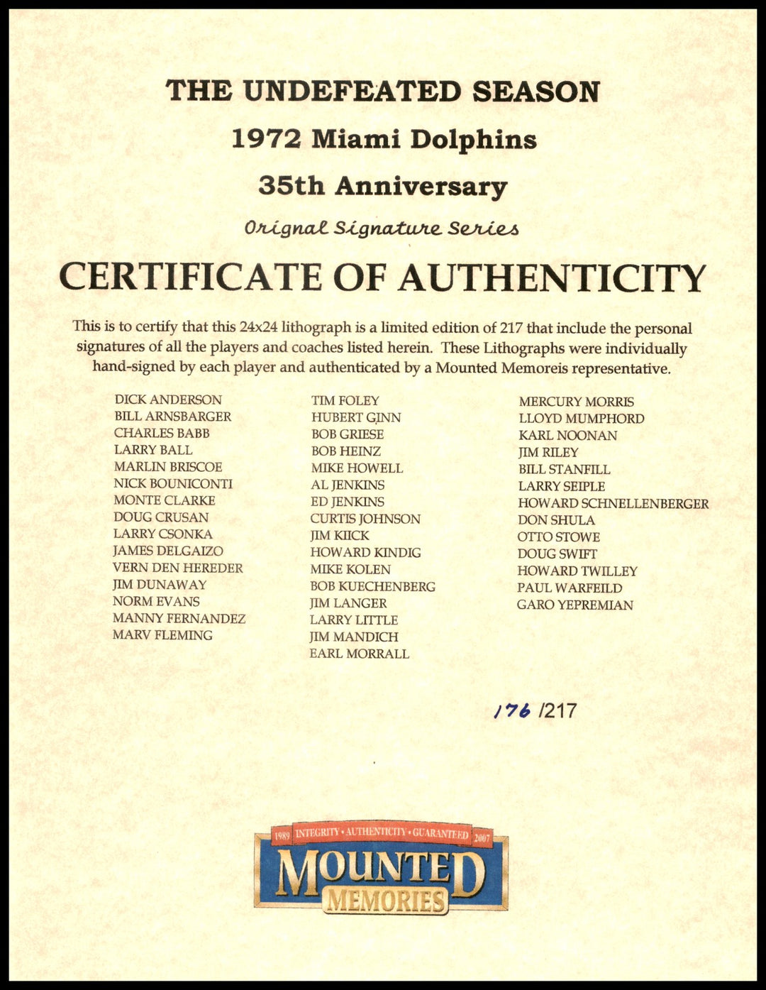 1972 Dolphins Perfect Season Team Auto Lithograph Photo 40+ Sigs Shula, Griese #