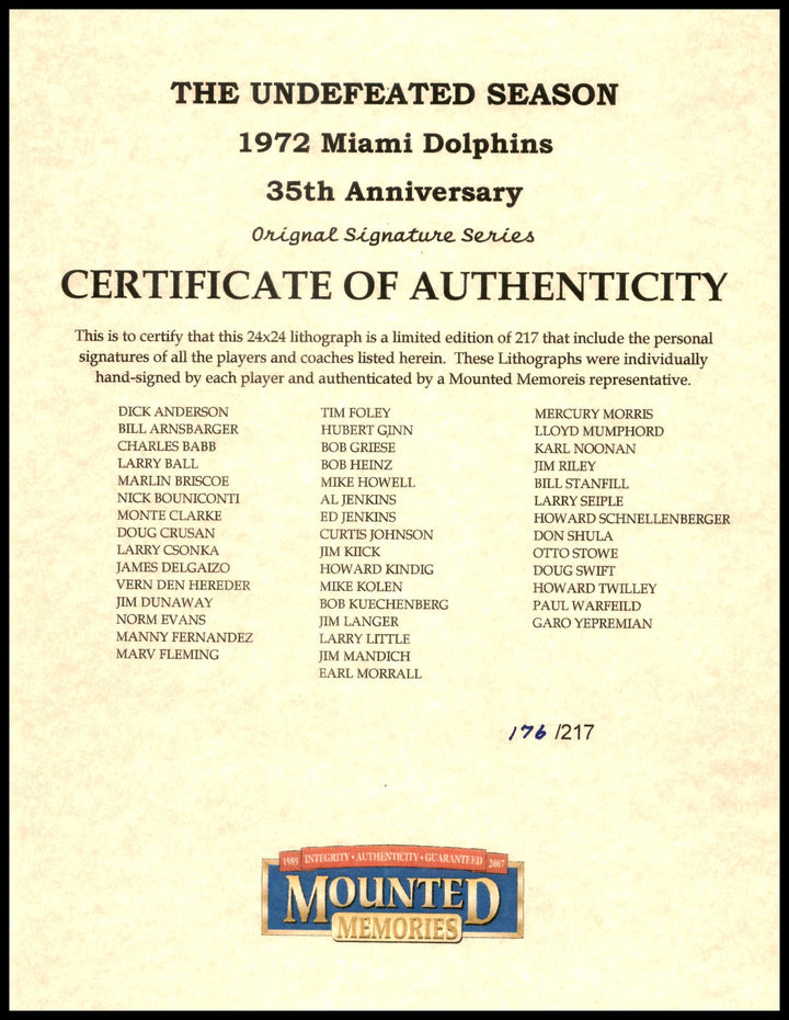 1972 Dolphins Perfect Season Team Auto Lithograph Photo 40+ Sigs Shula, Griese #