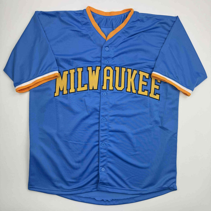 Autographed/Signed Jackson Chourio Milwaukee Blue Baseball Jersey Beckett COA