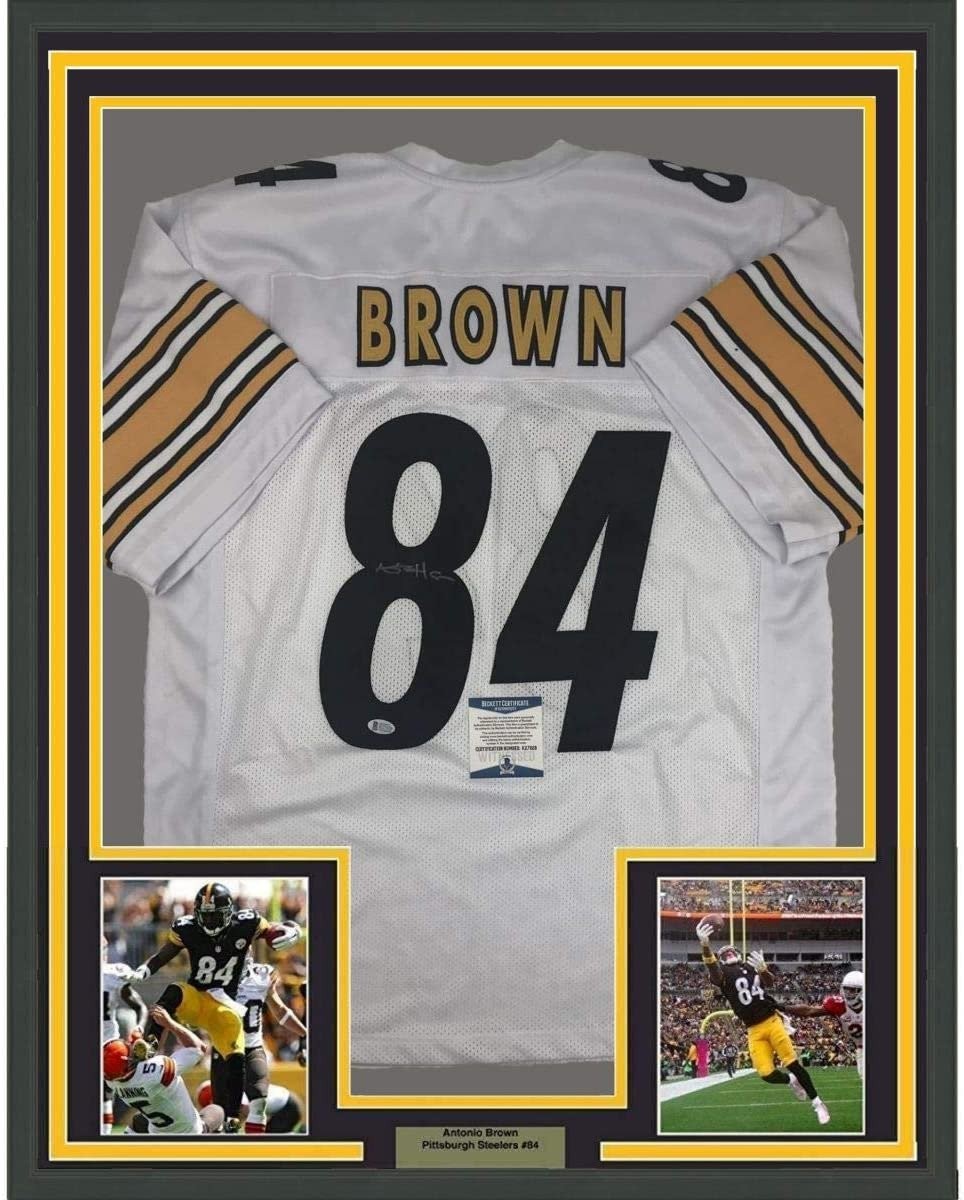 Framed Signed Antonio Brown 35x39 Pittsburgh Steelers White Jersey BAS COA