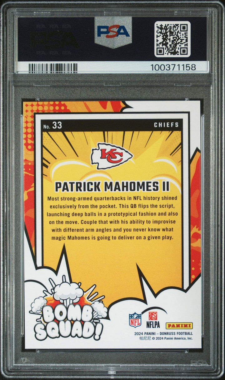 Graded 2024 Panini Donruss Patrick Mahomes #33 Bomb Squad Football Card PSA 10