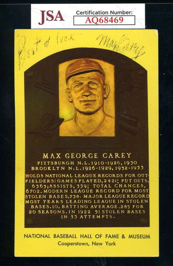 Max Carey JSA Coa Signed Gold Hall Of Fame Plaque Autograph