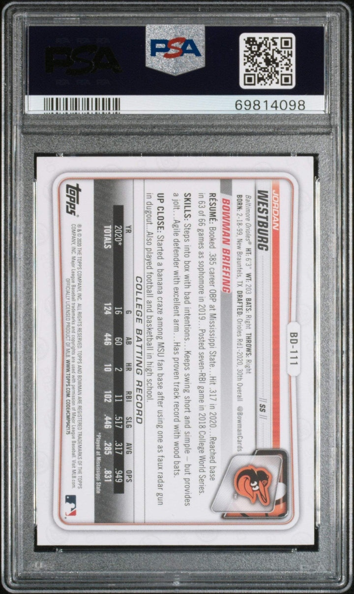 Graded 2020 Topps Bowman Draft Jordan Westburg #BD111 RC Baseball Card PSA 10