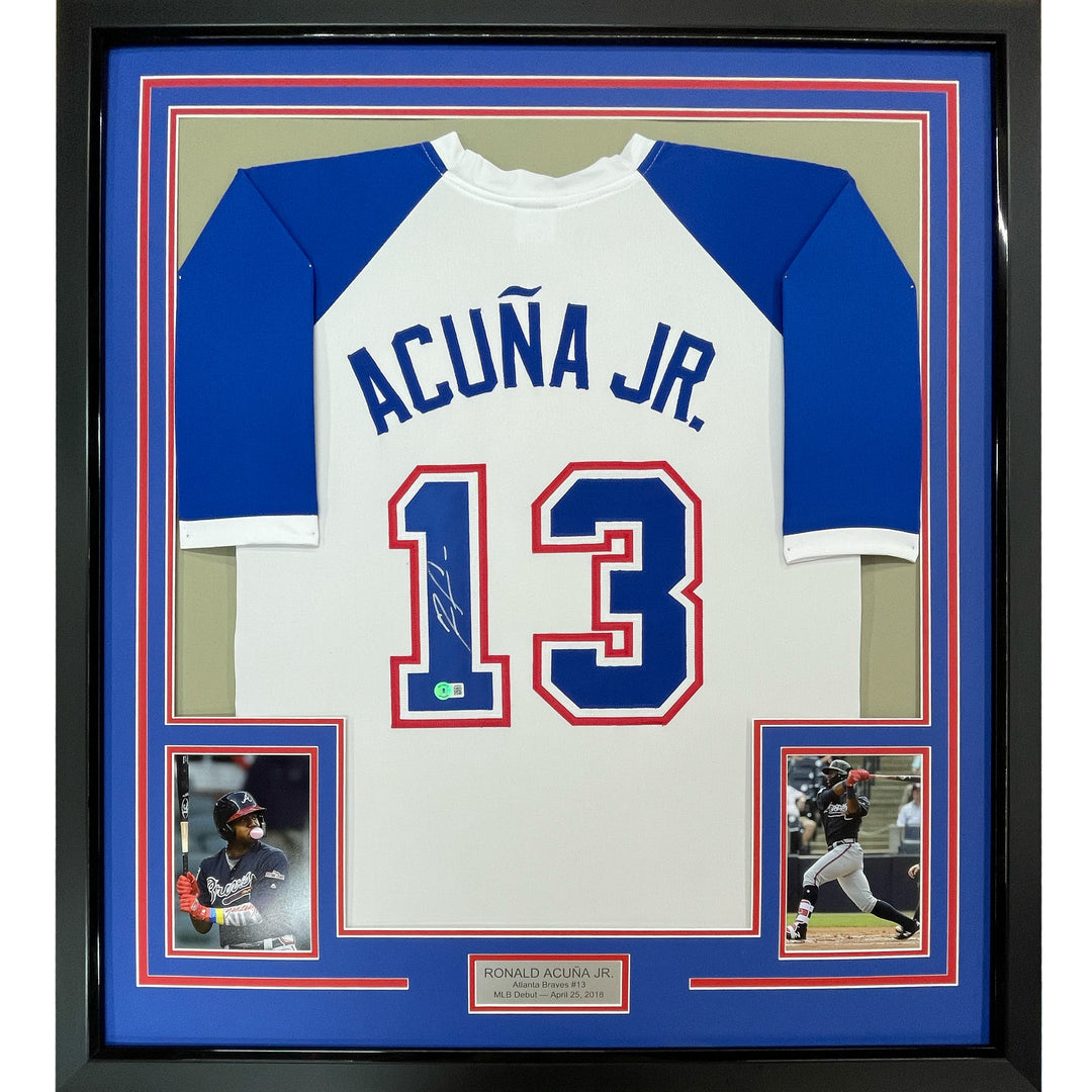 FRAMED Autographed/Signed RONALD ACUNA JR. 33x42 Atlanta Retro Jersey BAS COA