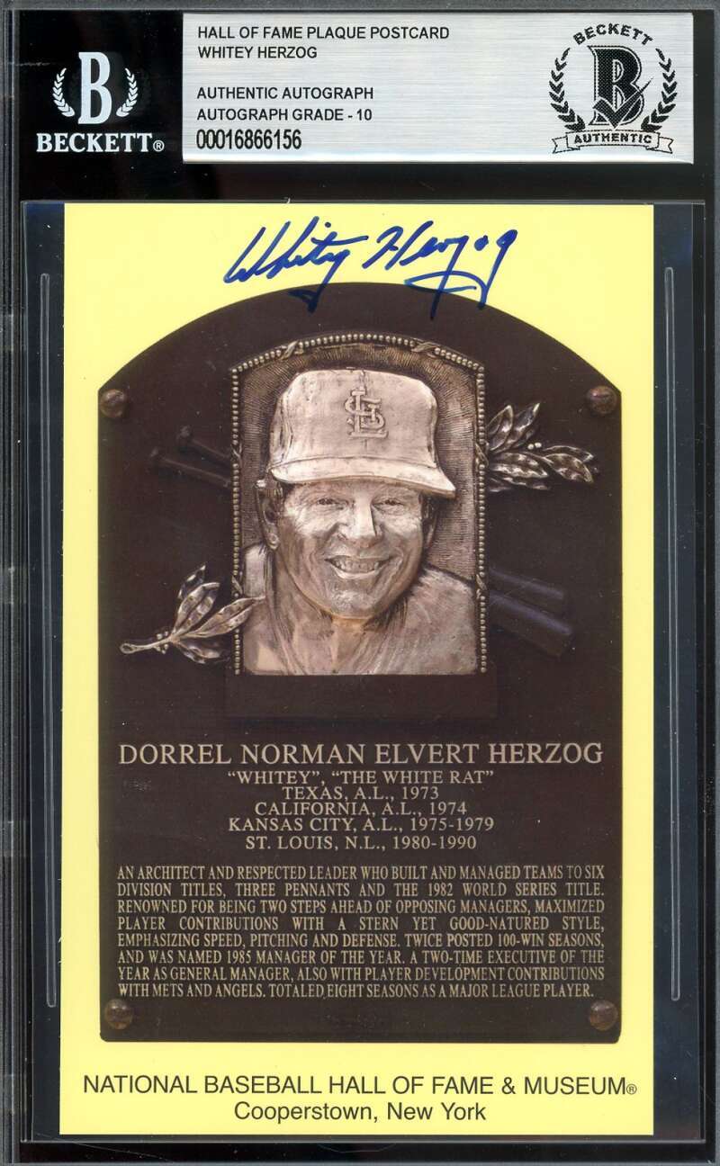 Whitey Herzog Gem Mint 10 Beckett BAS Signed Gold HoF Plaque Postcard Autographe