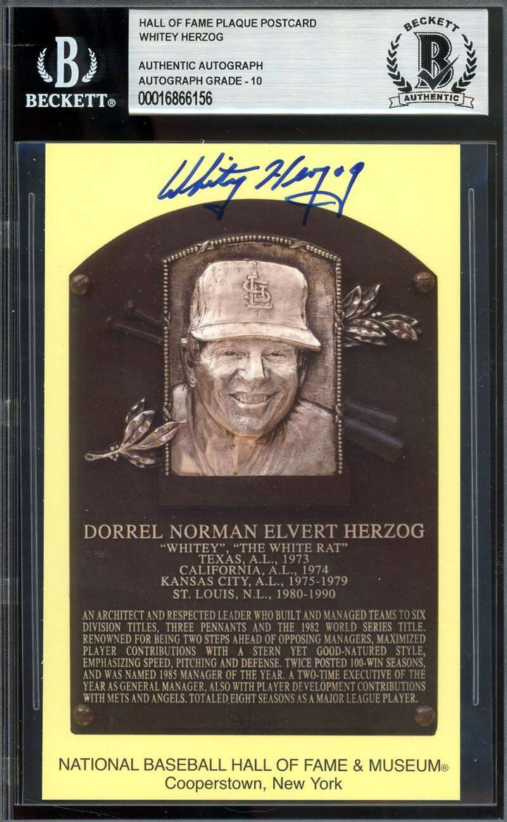 Whitey Herzog Gem Mint 10 Beckett BAS Signed Gold HoF Plaque Postcard Autographe