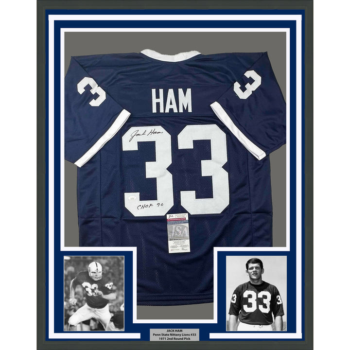 Framed Autographed/Signed Jack Ham 33x42 CHOF 90 Penn State Blue Jersey JSA COA