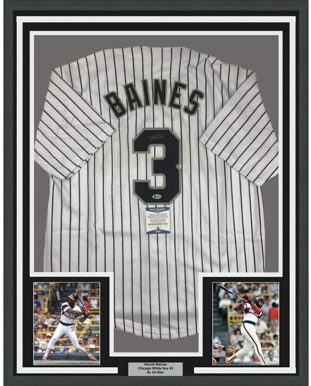 FRAMED Autographed/Signed HAROLD BAINES 33x42 Chicago Pinstripe Jersey BAS COA