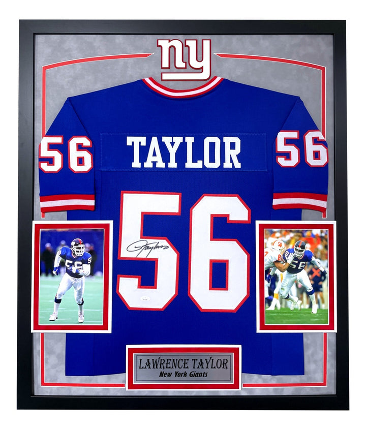 Lawrence Taylor Autographed New York Giants Blue Jersey Framed BAS Signed NY