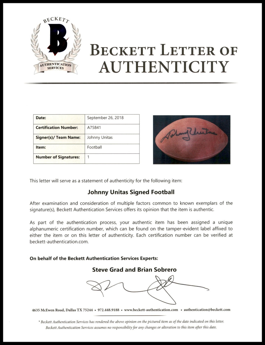 Johnny Unitas Signed Official NFL Leather Football Colts Beckett #A75841