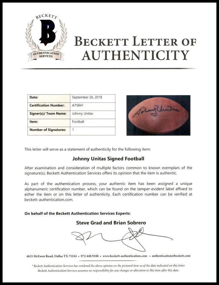 Johnny Unitas Signed Official NFL Leather Football Colts Beckett #A75841