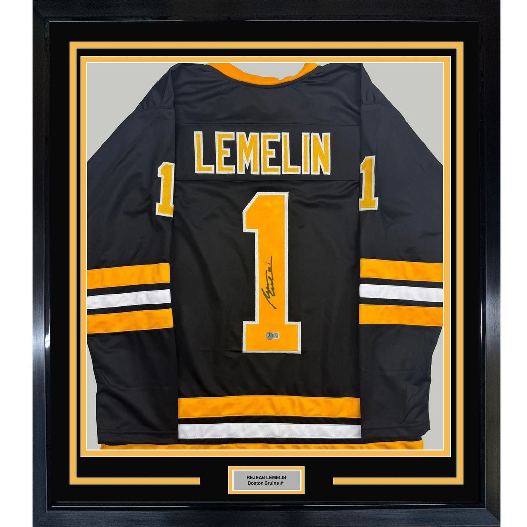 Framed Autographed/Signed Rejean Lemelin 35x39 Boston Black Jersey BAS COA