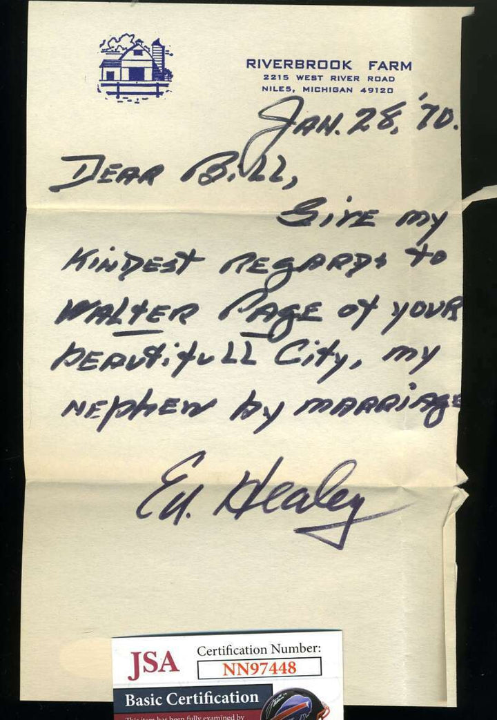 Ed Healey JSA Coa Signed Handwritten 1970 Letter Autograph