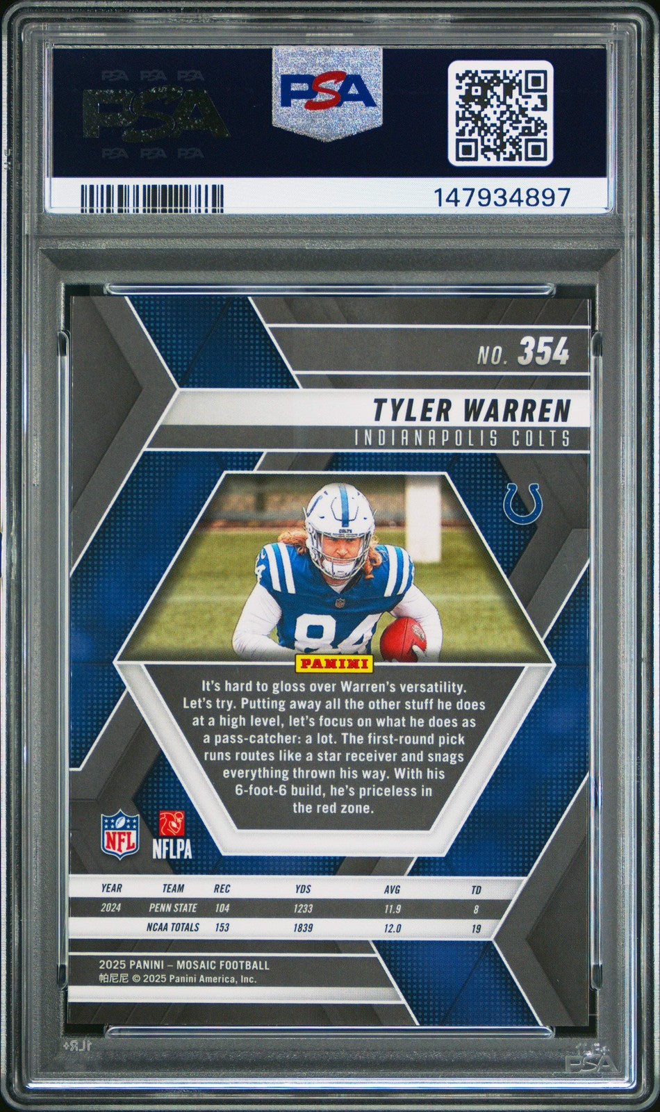 Graded 2025 Panini Mosaic Tyler Warren #354 Rookie RC Football Card PSA 10