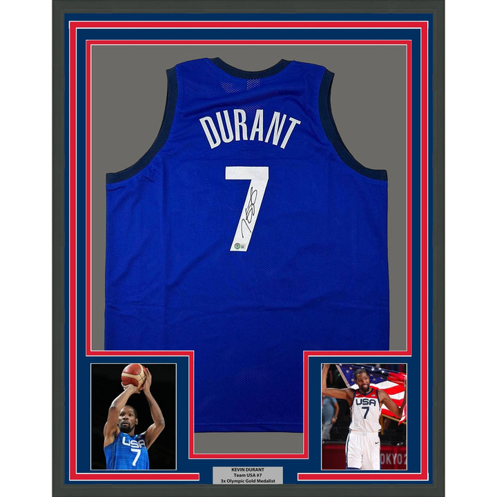 Framed Autographed/Signed Kevin Durant 35x39 USA Olympics Blue Jersey COA