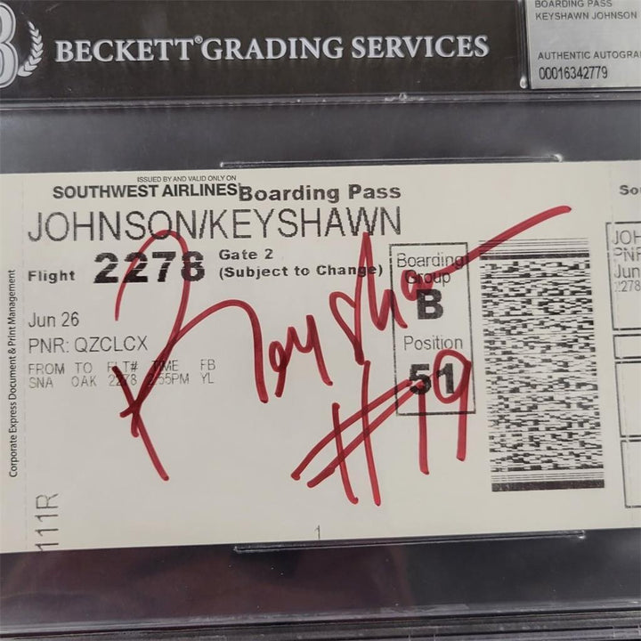 Keyshawn Johnson signed Personal Flight Boarding Pass autograph auto BAS Beckett