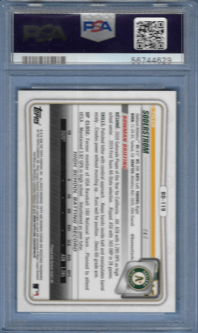 Graded 2020 Bowman Draft Tyler Soderstrom #BD119 Chrome RC Card PSA 10