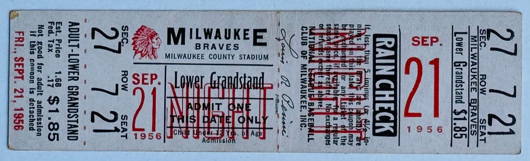 September 21 1956 Milwaukee Braves vs Chicago Cubs Full Ticket