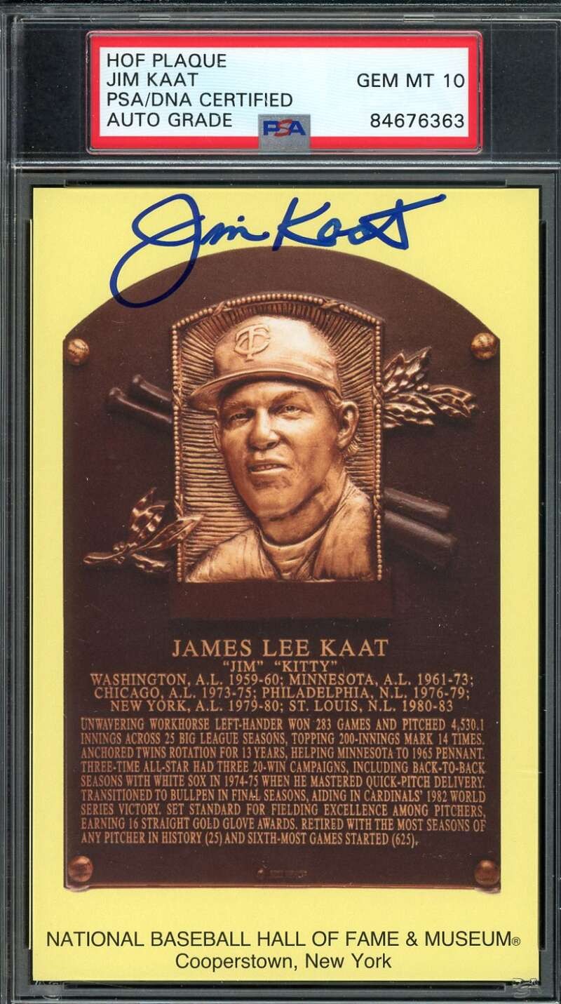 Jim Kaat Gem Mint 10 PSA DNA Signed Gold Hall of Fame Plaque Postcard Autograph