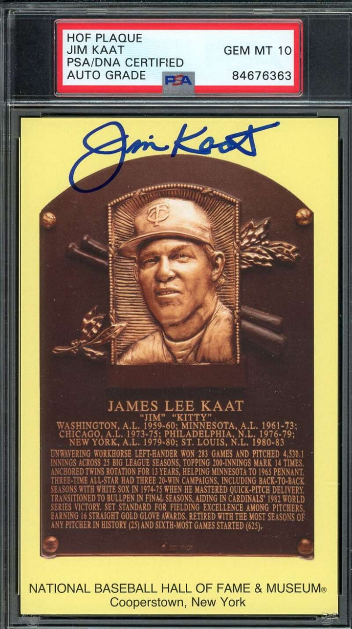 Jim Kaat Gem Mint 10 PSA DNA Signed Gold Hall of Fame Plaque Postcard Autograph