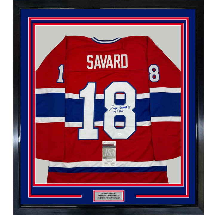 Framed Autographed/Signed Serge Savard 35x39 HOF 86 Montreal Red Jersey JSA COA