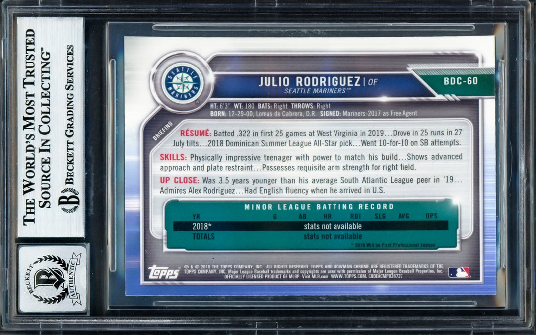 Julio Rodriguez Auto 2019 Bowman Chrome Draft RC BDC60 Mariners Sig 10 Beckett