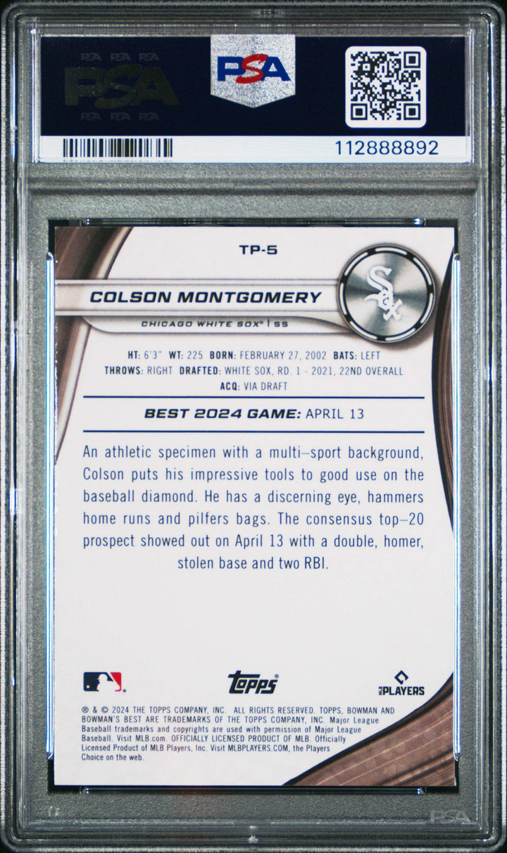 Graded 2024 Bowman Best Colson Montgomery #TP5 Yellow /75 Baseball Card PSA 10