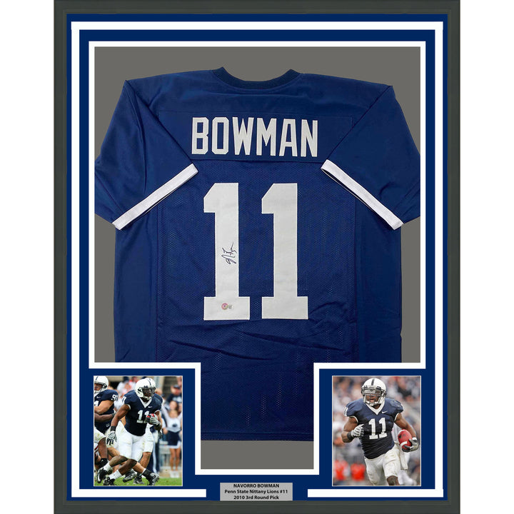 Framed Autographed/Signed NaVorro Bowman 33x42 Penn State Blue Jersey BAS COA