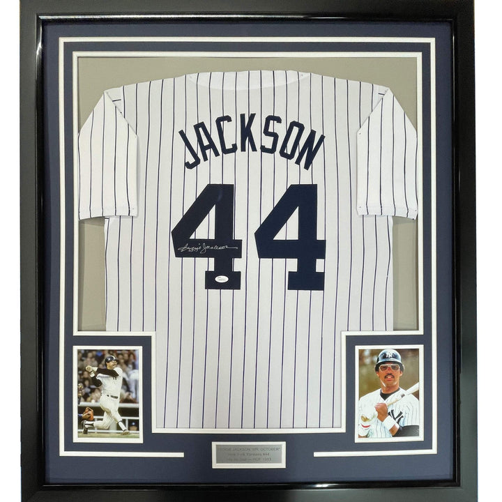 Framed Autographed/Signed Reggie Jackson 33x42 New York Pinstripe Jersey JSA COA