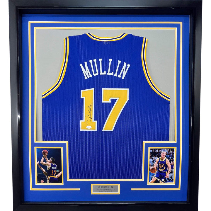 Framed Autographed/Signed Chris Mullin 33x42 Golden State Blue Jersey JSA COA