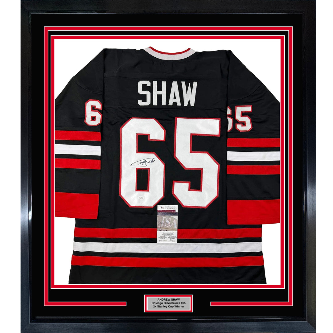 Framed Autographed/Signed Andrew Shaw 35x39 Chicago Black Hockey Jersey JSA COA