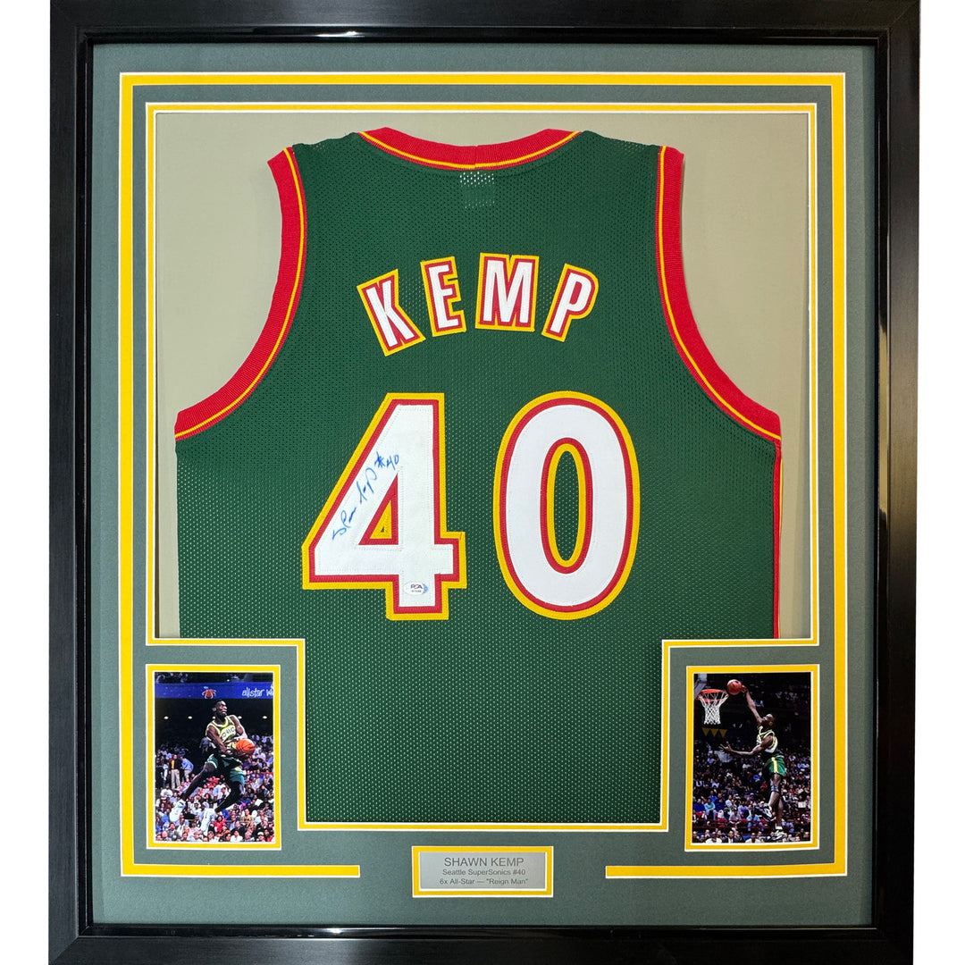 FRAMED Autographed/Signed SHAWN KEMP 33x42 Seattle Dark Green Jersey PSA/DNA COA