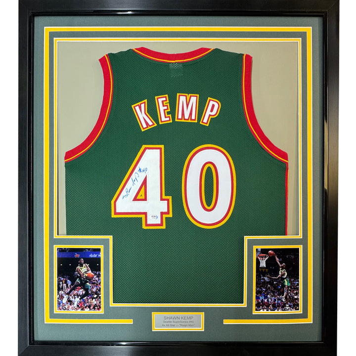 FRAMED Autographed/Signed SHAWN KEMP 33x42 Seattle Dark Green Jersey PSA/DNA COA