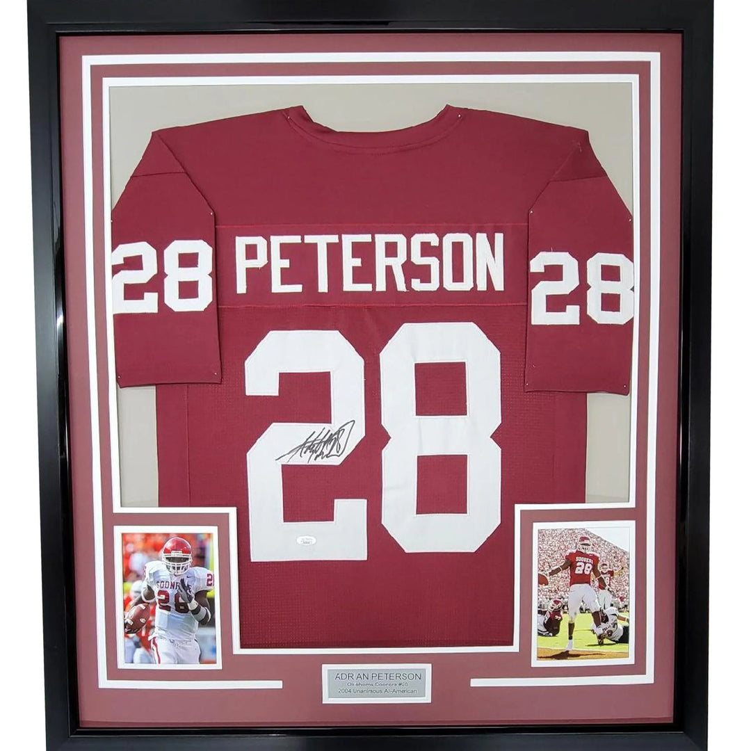 Framed Autographed/Signed Adrian Peterson 33x42 Oklahoma Maroon Jersey JSA COA