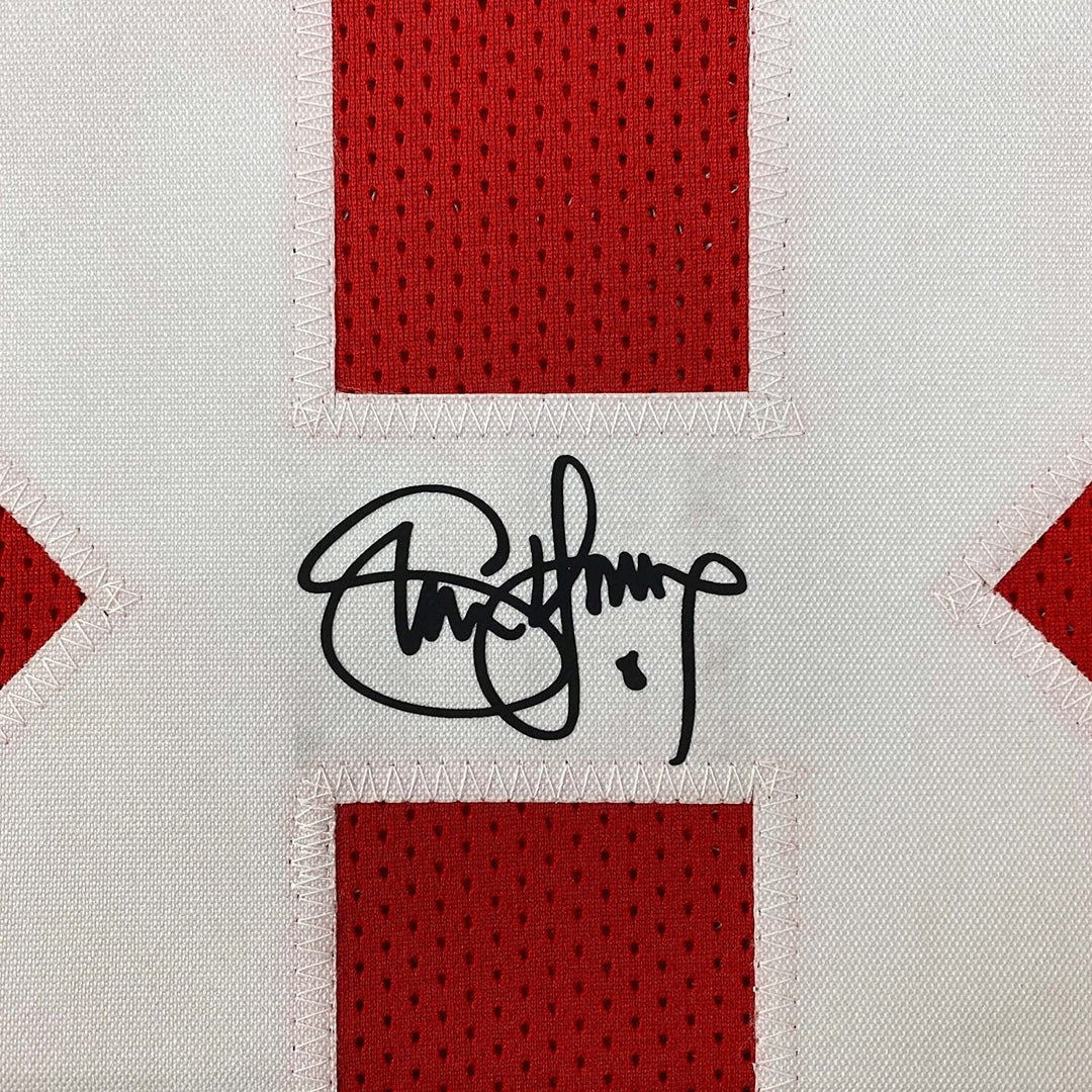 Framed Facsimile Autographed Steve Young 33x42 Red Reprint Laser Auto Jersey