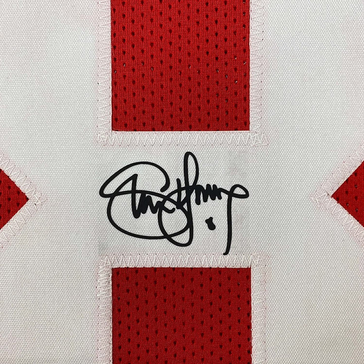Framed Facsimile Autographed Steve Young 33x42 Red Reprint Laser Auto Jersey