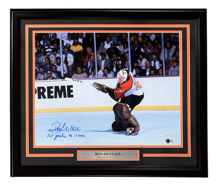 Ron Hextall Signed Framed 16x20 Flyers Goal Photo 1st Goalie To Score BAS