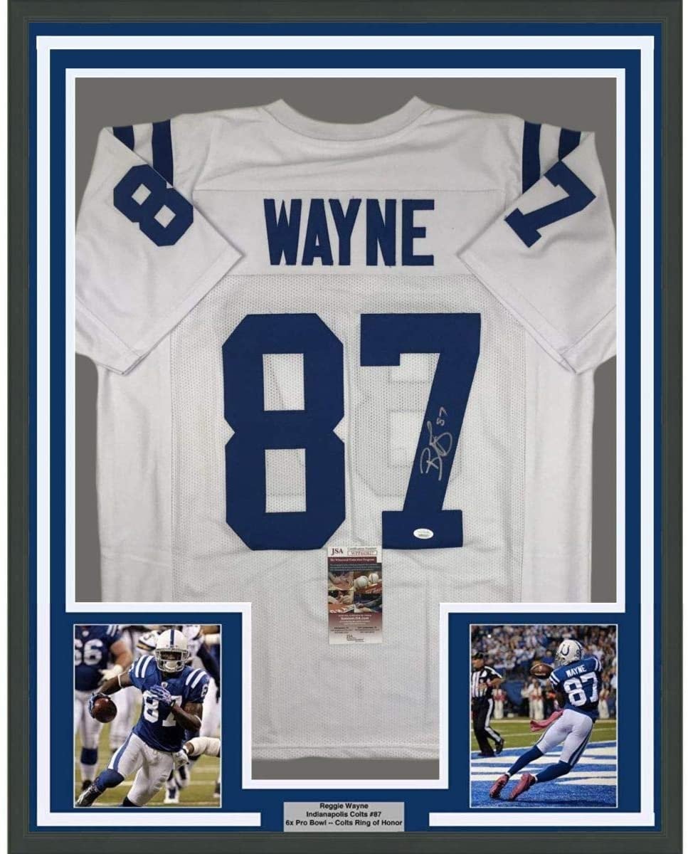 Framed Signed Reggie Wayne 35x39 Indianapolis White Jersey JSA COA