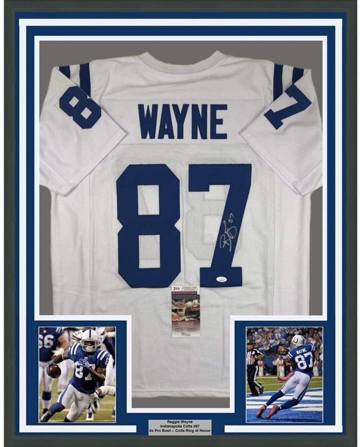 Framed Signed Reggie Wayne 35x39 Indianapolis White Jersey JSA COA
