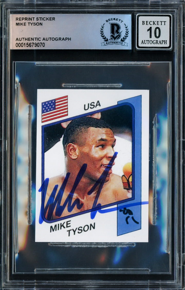 Mike Tyson Auto 1986 Panini Supersport Reprint RC Sticker Card 153 Auto 10 BAS