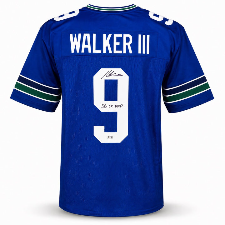 Seahawks Kenneth Walker III Auto Blue Throwback Jersey "SB LX MVP" Beckett Wit