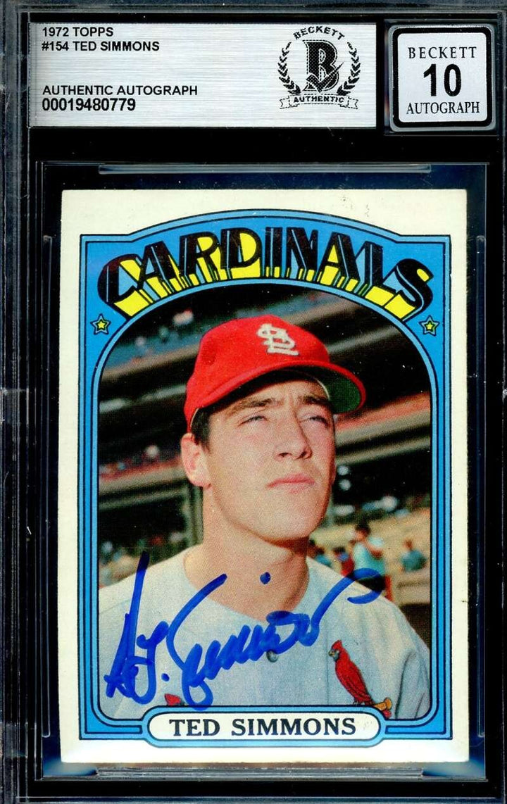 Ted Simmons Gem Mint 10 Beckett BAS Signed 1972 Topps Autograph Cardinals