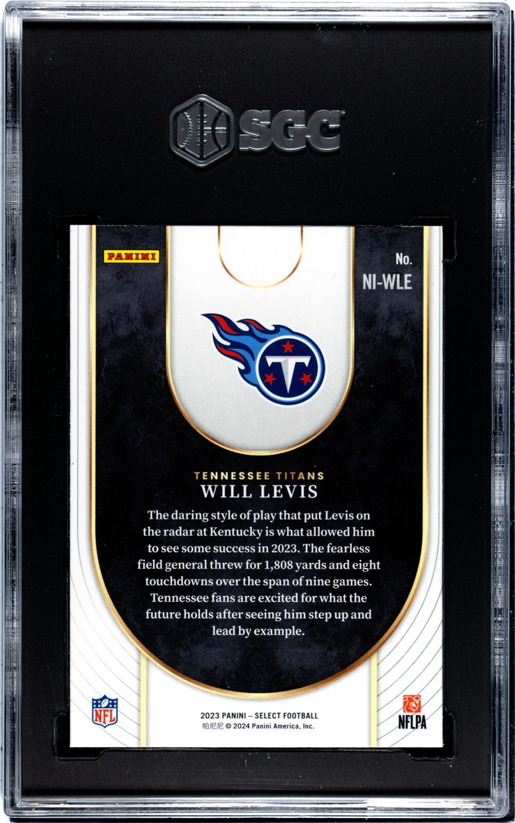 Will Levis 2023 Panini Select Neon Icons RC Card #NI-WLE- SGC Graded 9.5 Mint+