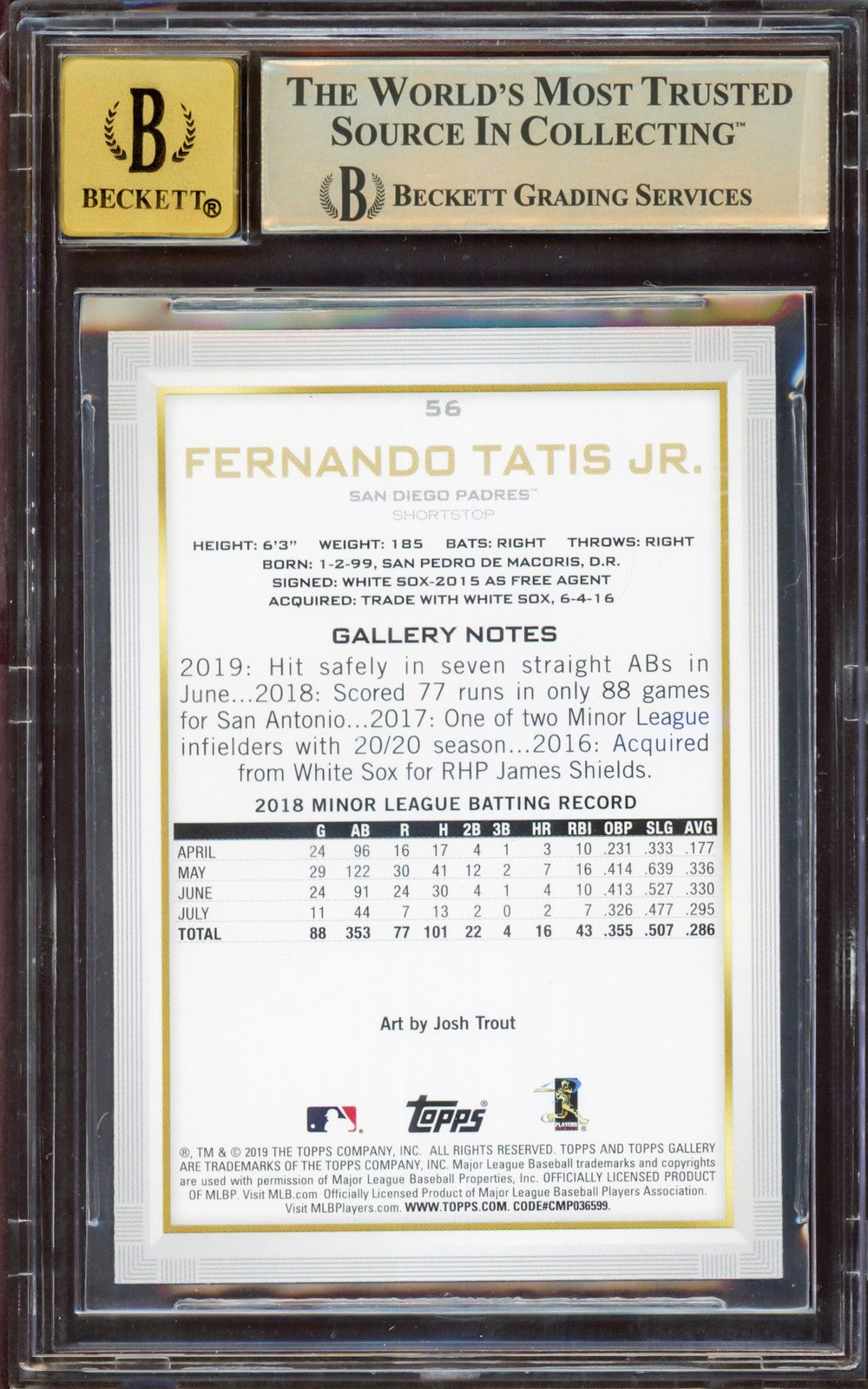 Fernando Tatis Jr Auto Signed 2019 Topps Gallery RC 56 BGS 9.5 Sig 10 Beckett