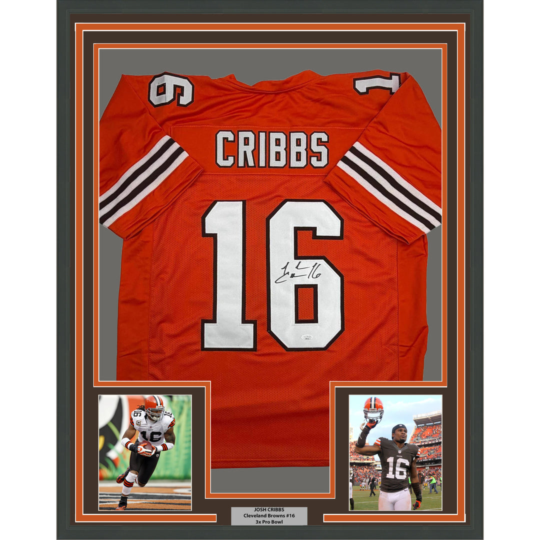 Framed Autographed/Signed Josh Cribbs 35x39 Cleveland Orange Jersey JSA COA