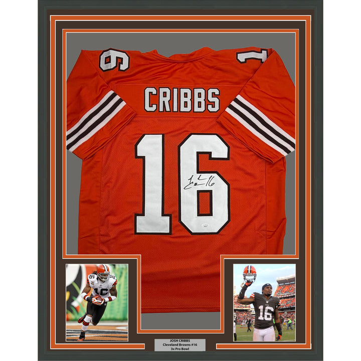 Framed Autographed/Signed Josh Cribbs 35x39 Cleveland Orange Jersey JSA COA