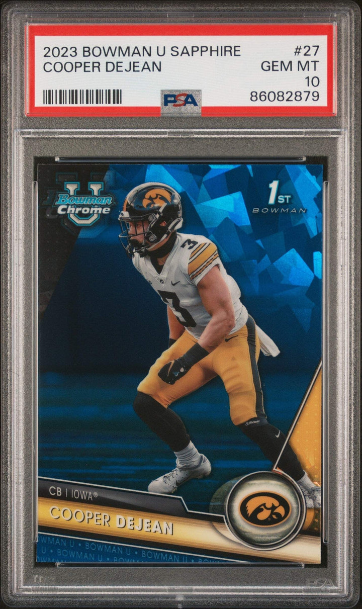 Graded 2023 Topps Bowman U Sapphire Cooper DeJean #27 RC Football Card PSA 10